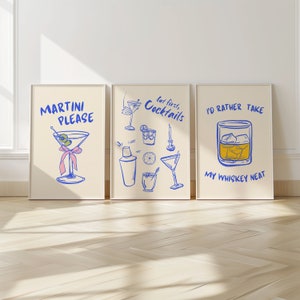 Set of 3 Cocktail Prints, Classic Cocktail Wall Art, Minimalist Alcohol Prints, Bar Cart Decor, Whiskey Wall Art, Bar Wall Decor