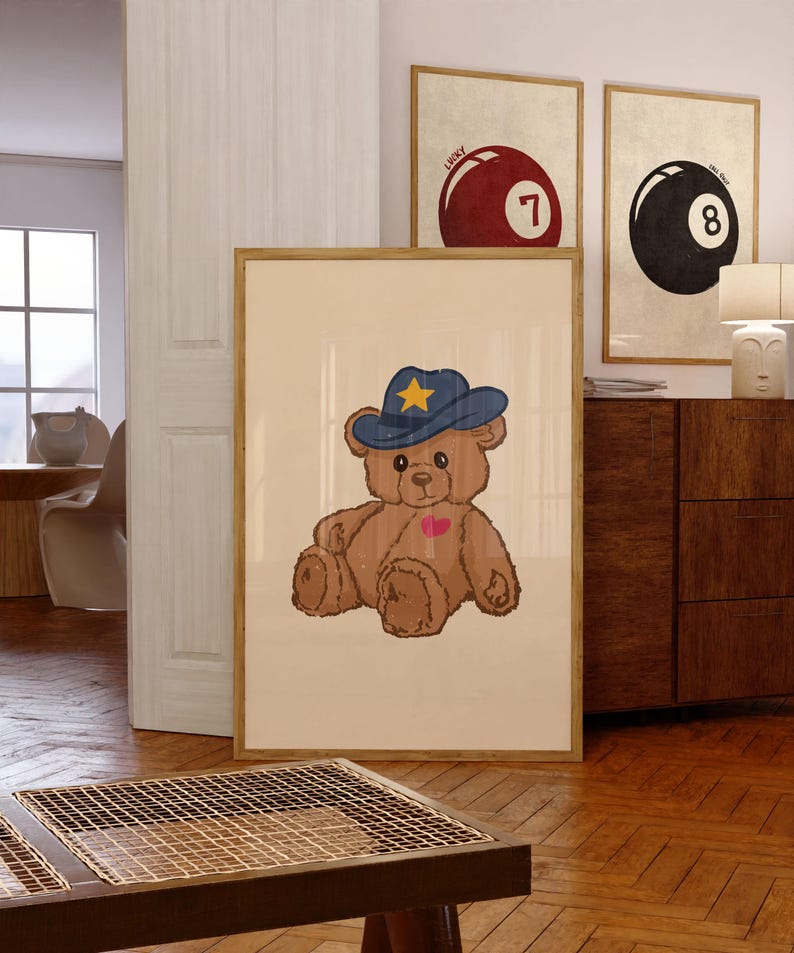 Retro teddy bear cowboy print for nursery or dorm decor, perfect for vintage wall art lovers, Western art themes, and playful apartment wall decor. Printable wall art featuring a cute bear with a cowboy hat.