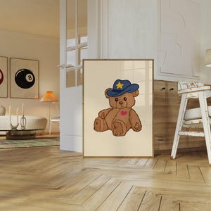 Retro teddy bear cowboy print for nursery or dorm decor, perfect for vintage wall art lovers, Western art themes, and playful apartment wall decor. Printable wall art featuring a cute bear with a cowboy hat.
