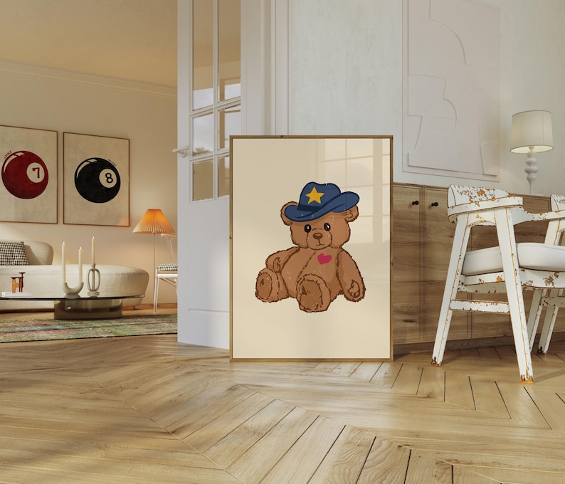 Retro teddy bear cowboy print for nursery or dorm decor, perfect for vintage wall art lovers, Western art themes, and playful apartment wall decor. Printable wall art featuring a cute bear with a cowboy hat.