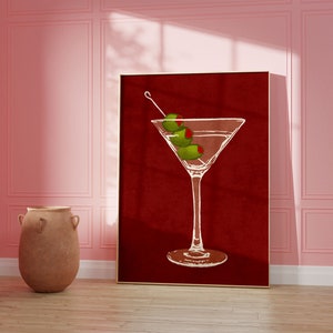 Dirty Martini Poster on red background with green olives, trendy wall art, cocktail wall art, martini decorations, bar cart decor, housewarming gift.