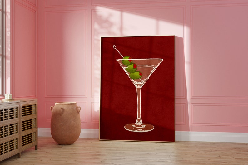 Dirty Martini Poster on red background with green olives, trendy wall art, cocktail wall art, martini decorations, bar cart decor, housewarming gift.