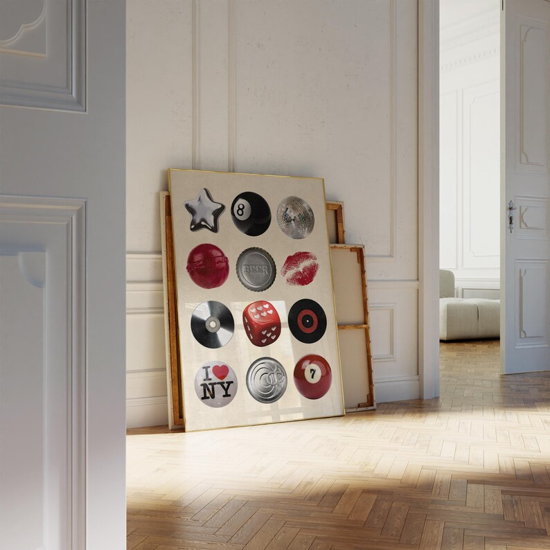 Bold photo collage poster featuring a 7 ball print, kiss mark, disco ball, beer cap, and retro icons. Ideal for bar wall art, dorm decor, or modern kitchens. A cool and unique printable wall art for dopamine decor lovers.