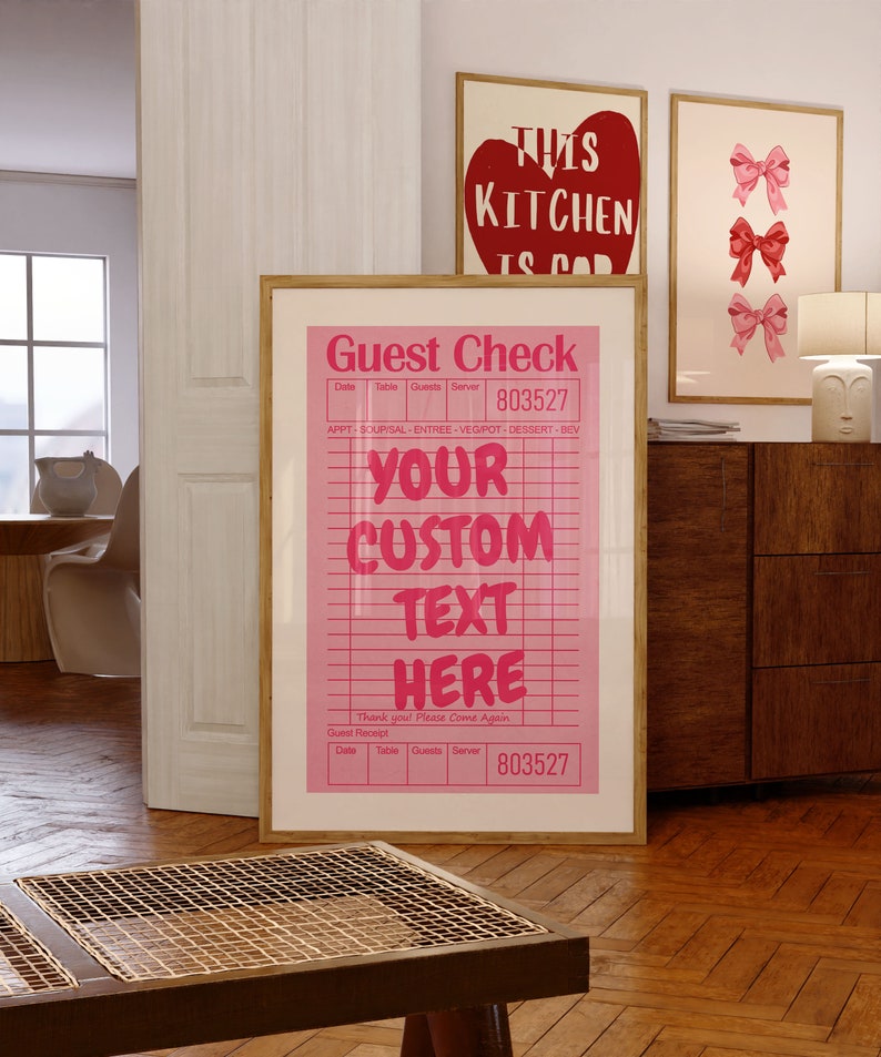 May include: Pink and white printable guest check with the text "Guest Check" and "Your Custom Text Here". The check has a pink and white striped background with a section for date, table, guests, server, and a receipt number of 803527.