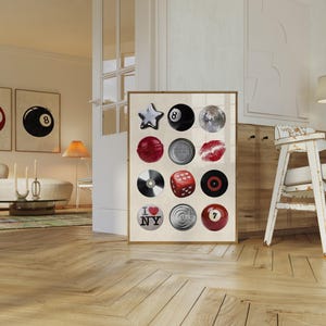 Bold photo collage poster featuring a 7 ball print, kiss mark, disco ball, beer cap, and retro icons. Ideal for bar wall art, dorm decor, or modern kitchens. A cool and unique printable wall art for dopamine decor lovers.