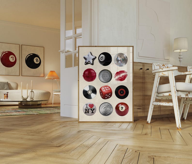 Bold photo collage poster featuring a 7 ball print, kiss mark, disco ball, beer cap, and retro icons. Ideal for bar wall art, dorm decor, or modern kitchens. A cool and unique printable wall art for dopamine decor lovers.