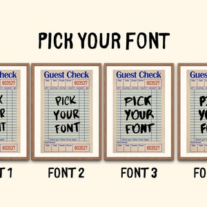 Personalized guest check printable poster with custom text in vintage diner style for kitchen wall decor