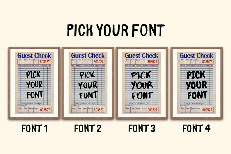 Personalized guest check printable poster with custom text in vintage diner style for kitchen wall decor