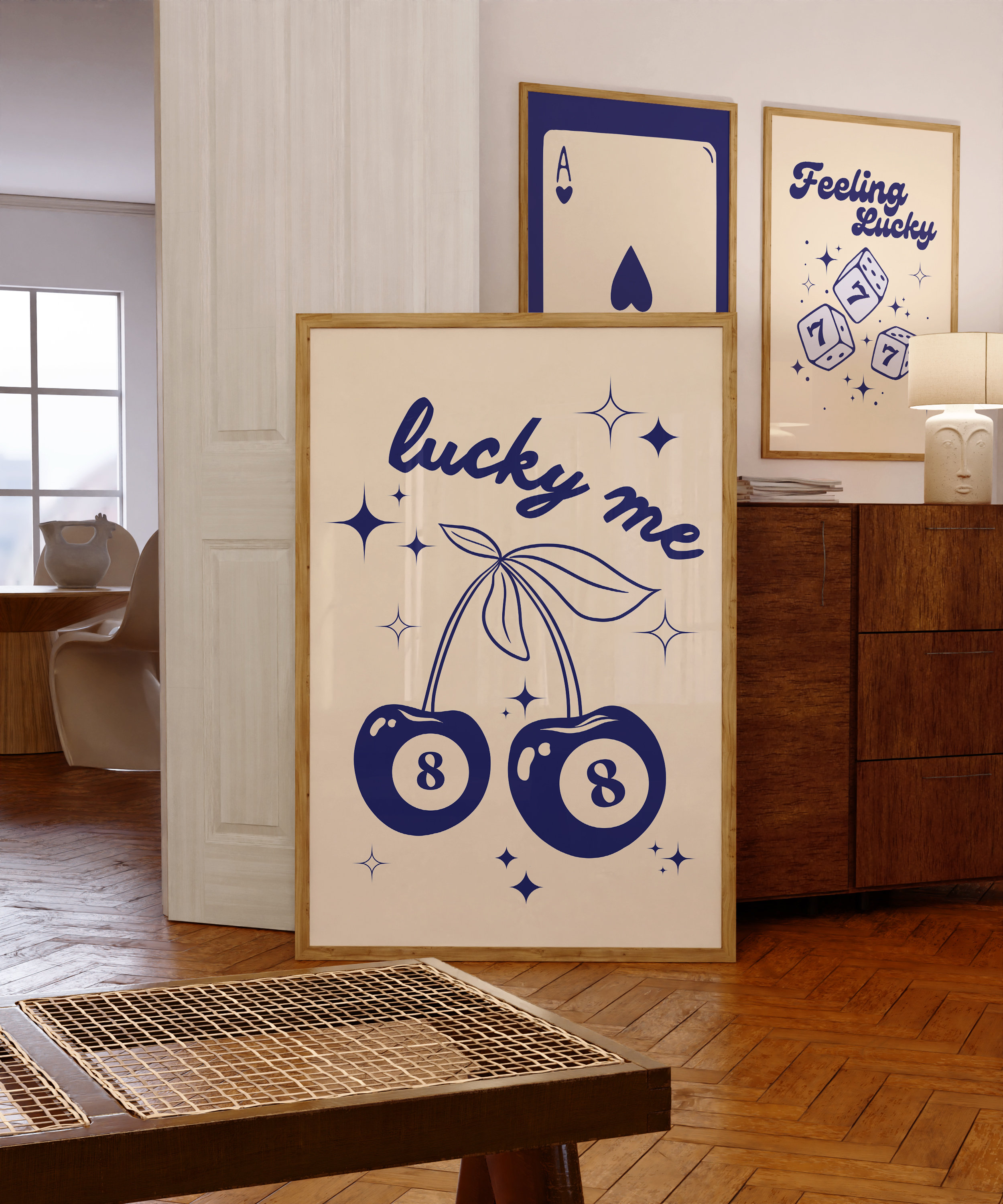 Lucky Me Cherry Print | Retro 8 Ball Poster for Trendy Dorm
