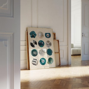 Blue-toned printable photo collage featuring disco ball, teal wax seal, bowling ball, pearl, and moon. Bold wall art perfect for dopamine decor, modern interiors, and quirky, aesthetic room styling.