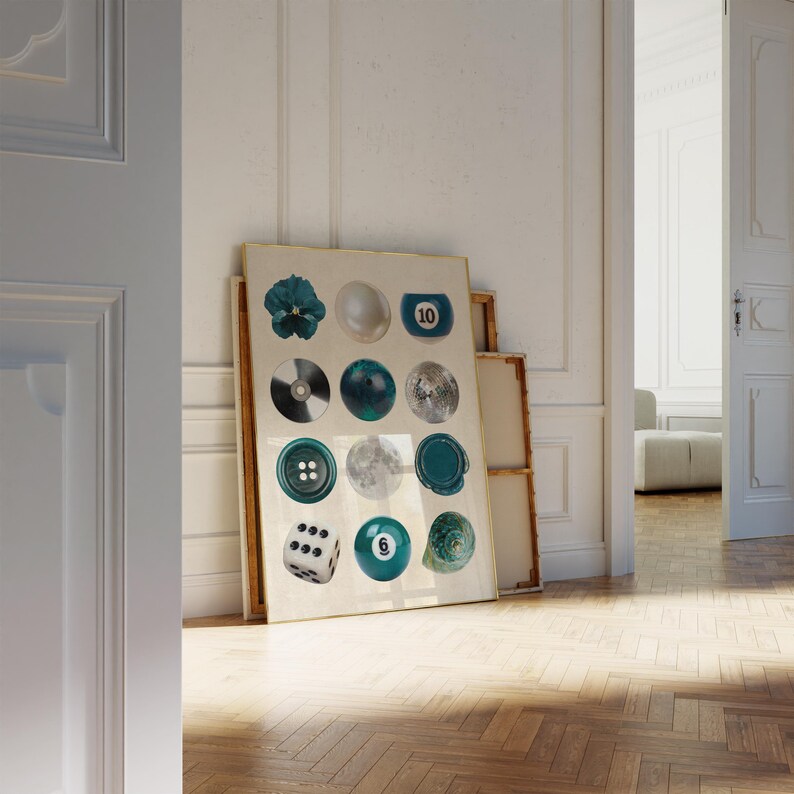 Blue-toned printable photo collage featuring disco ball, teal wax seal, bowling ball, pearl, and moon. Bold wall art perfect for dopamine decor, modern interiors, and quirky, aesthetic room styling.
