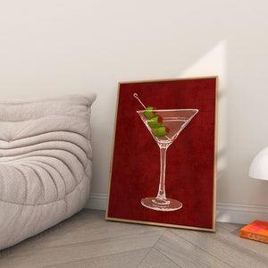 Dirty Martini Poster on red background with green olives, trendy wall art, cocktail wall art, martini decorations, bar cart decor, housewarming gift.