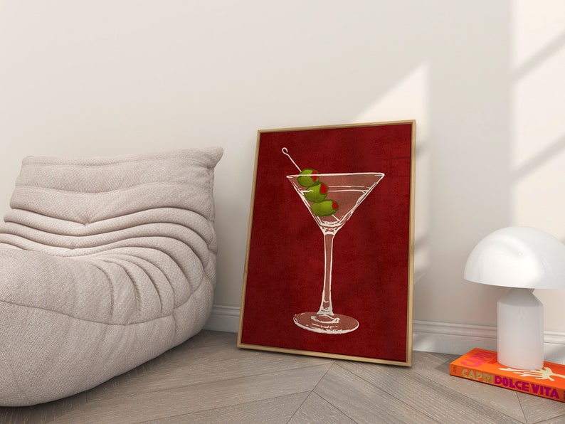 Dirty Martini Poster on red background with green olives, trendy wall art, cocktail wall art, martini decorations, bar cart decor, housewarming gift.