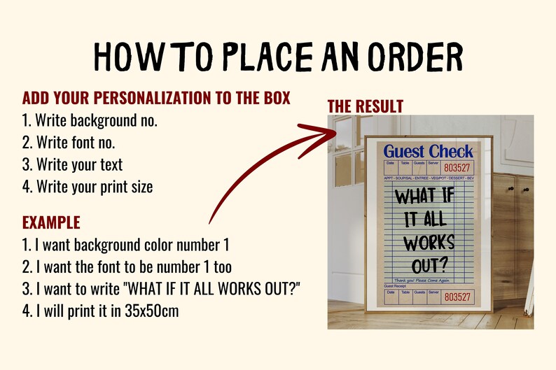 Personalized guest check printable poster with custom text in vintage diner style for kitchen wall decor