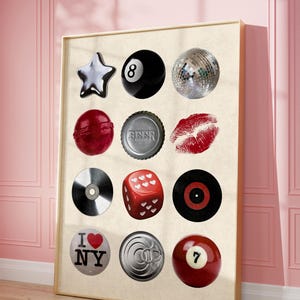 Bold photo collage poster featuring a 7 ball print, kiss mark, disco ball, beer cap, and retro icons. Ideal for bar wall art, dorm decor, or modern kitchens. A cool and unique printable wall art for dopamine decor lovers.