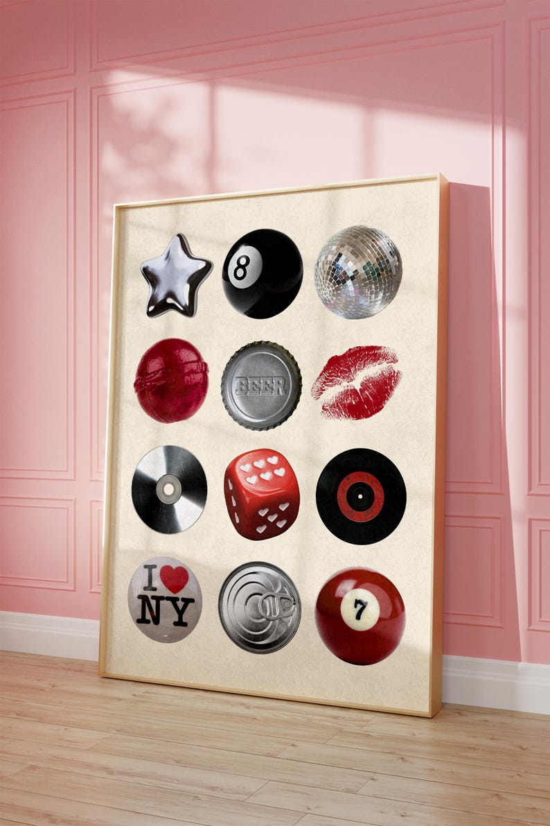 Bold photo collage poster featuring a 7 ball print, kiss mark, disco ball, beer cap, and retro icons. Ideal for bar wall art, dorm decor, or modern kitchens. A cool and unique printable wall art for dopamine decor lovers.