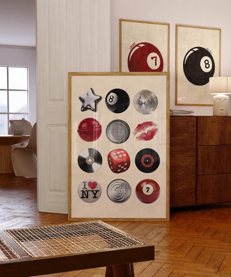 Bold photo collage poster featuring a 7 ball print, kiss mark, disco ball, beer cap, and retro icons. Ideal for bar wall art, dorm decor, or modern kitchens. A cool and unique printable wall art for dopamine decor lovers.