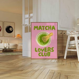 Pink matcha printable wall art featuring Matcha Lovers Club typography with a green matcha bowl and bamboo whisk on a bright pink background, ideal for matcha wall art, matcha print, tea lover gift, kitchen wall art, kitchen print, coffee bar decor, pink wall art, green wall art, cute wall art, girly wall art, dopamine decor and apartment decor.