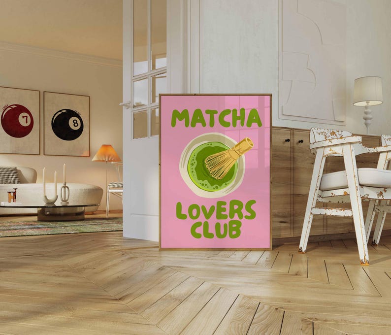 Pink matcha printable wall art featuring Matcha Lovers Club typography with a green matcha bowl and bamboo whisk on a bright pink background, ideal for matcha wall art, matcha print, tea lover gift, kitchen wall art, kitchen print, coffee bar decor, pink wall art, green wall art, cute wall art, girly wall art, dopamine decor and apartment decor.