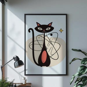 Atomic Cat Digital Art Print Retro Black Cat Wall Decor Mid Century Modern Cat Poster Cute Atomic Feline Illustration for Home Gift