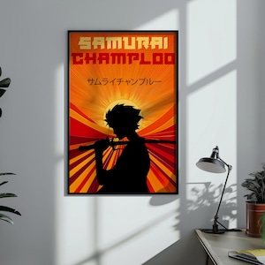 Samurai Champloo anime poster, Japanese samurai wall art, Mugen silhouette artwork, hip hop anime decor, vintage sunset anime Edo Japan Art