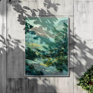 Impresión de arte digital de bosque místico, arte mural de jungla verde exuberante, paisaje de naturaleza encantada, decoración botánica de fantasía, póster tropical sereno