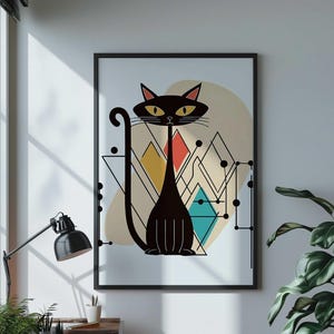 Mid Century Modern Atomic Cat Wall Art Print, Retro Black Cat Digital Illustration, Geometric Abstract Cat Poster, Boho Vintage Decor
