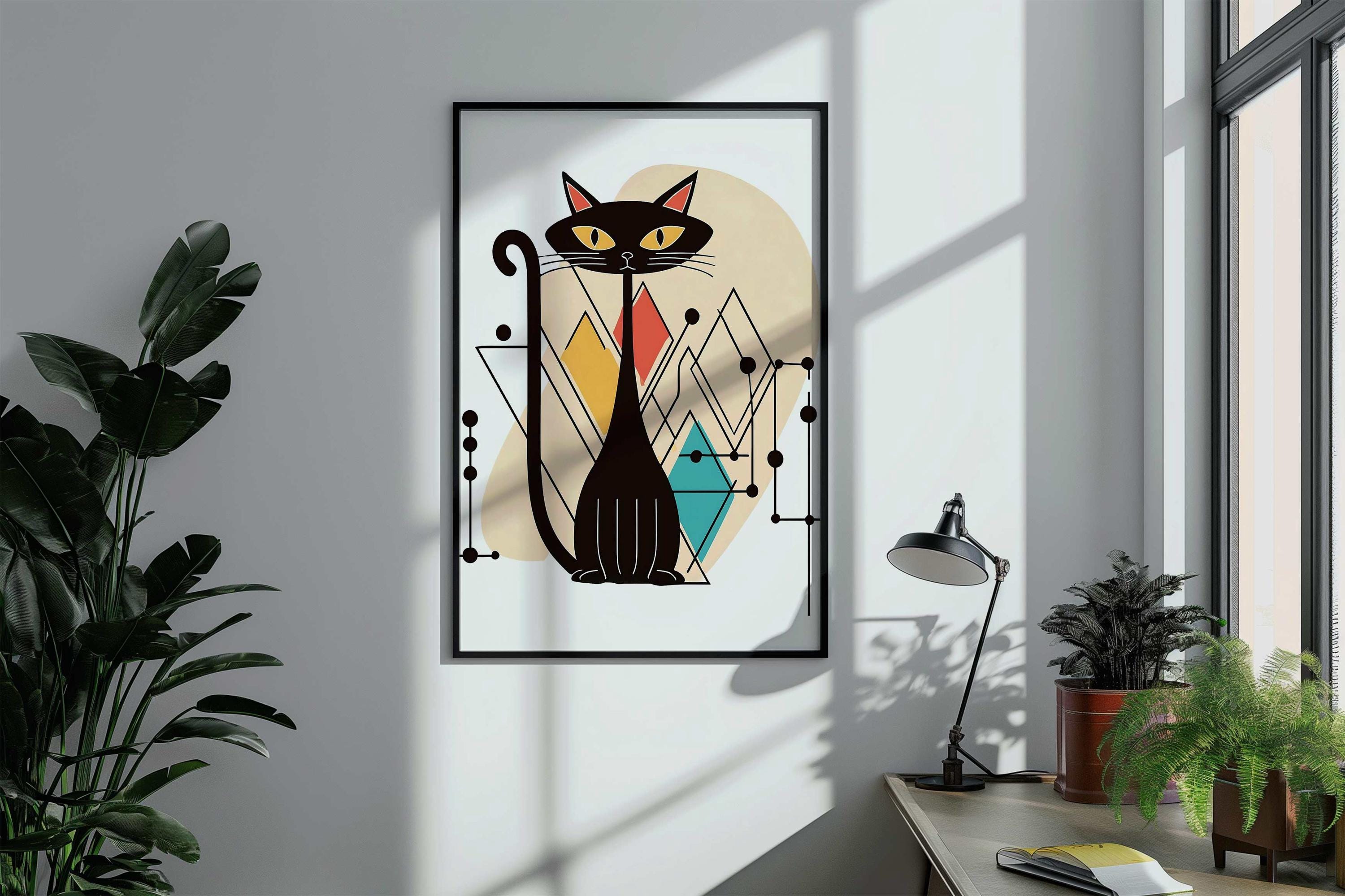 Mid Century Modern Atomic Cat Wall Art Print, Retro Black Cat Digital ...
