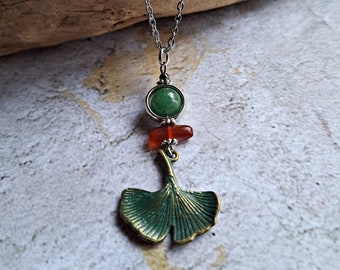 GINGKO BILOBA LEAF necklace patina gingko leaves aventurine stone stainless steel chain pendant