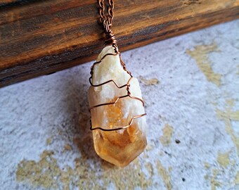 CITRINE POINT PENDANT necklace wire wrapped hand made copper chain quartz yellow