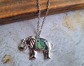 ABALONE ELEPHANT PENDANT silver  stainless steel chain elephant jewelry  necklace paua