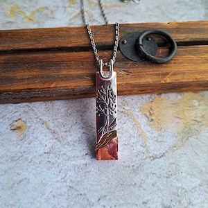 COLGANTE RECTANGULAR DE 3 TONOS ÁRBOL DE LA VIDA LATÓN PLATA COBRE CADENA DE ACERO INOXIDABLE
