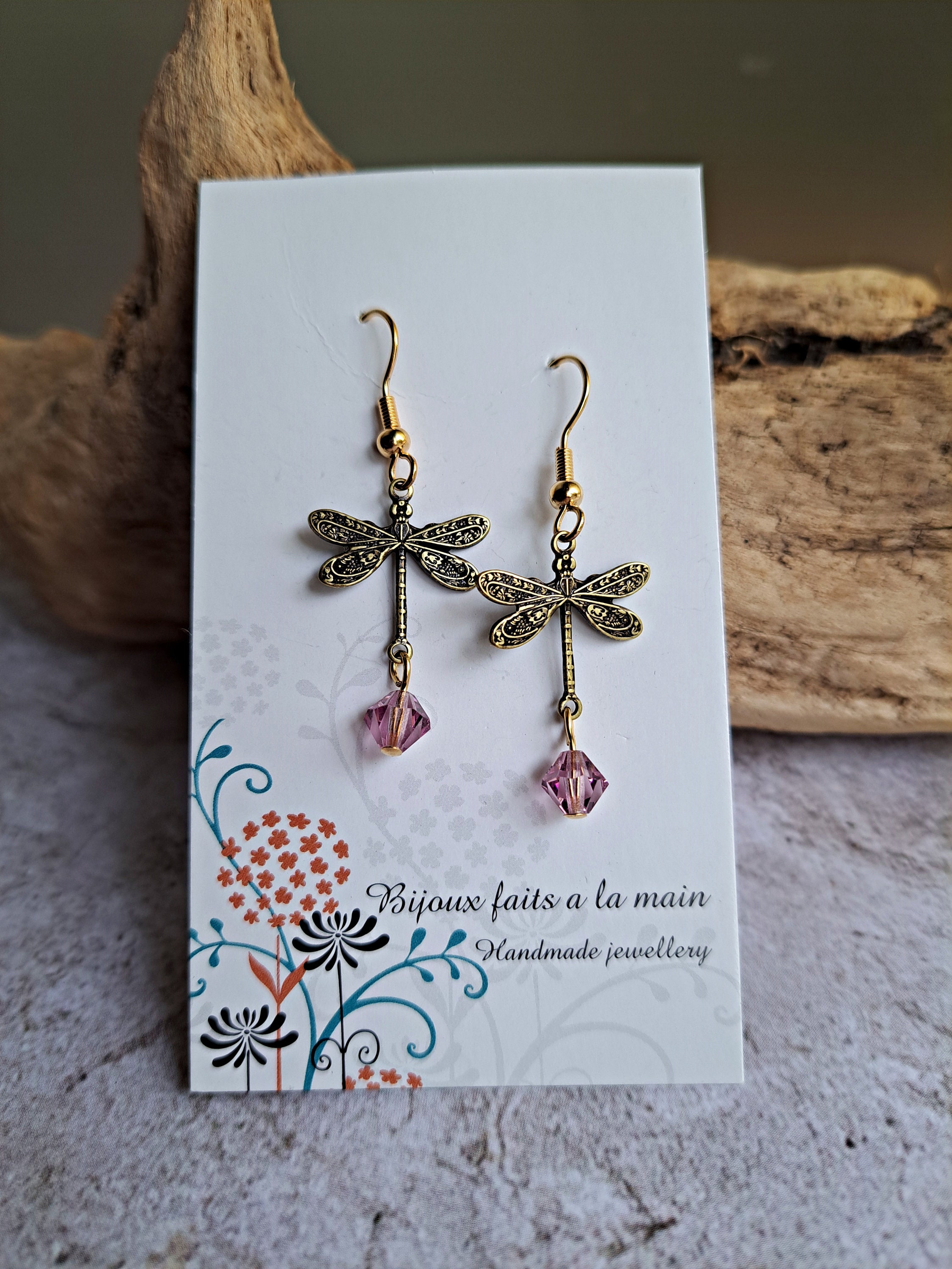 DRAGONFLY EARRINGS BRASS With Pink Crystal Dangling Earrings Pink