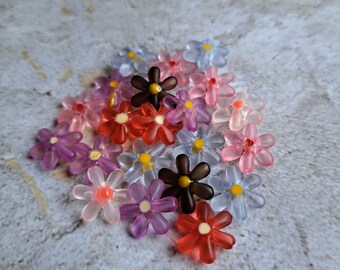 12 DAISIES FLOWER BEADS 14mm with holes multicolored pink blue black transparent orange daisy beads