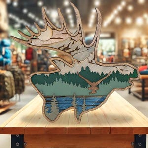 Rustic Moose Wall Art | Handmade Laser-Cut Wooden Decor | Nature-Inspired Cabin & Lodge Gift | 3D Wildlife Scene 12”x11”