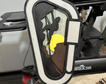 Laser Cut Rock Climber Wall Art: Carabiner Frame, Wood Mountain Sunset