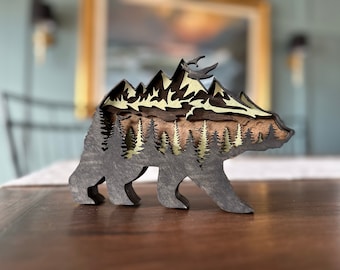 Rustic Wood Bear Silhouette: Layered Wildlife Landscape Wall Art