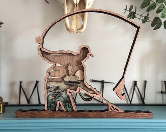 Fliegenfischen Holzbild: 3D-Schichtholz Angler Silhouette-Dekor