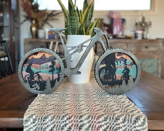 Handmade Rustic Mountain Bike Wall Art: Laser-Cut Wood Decor