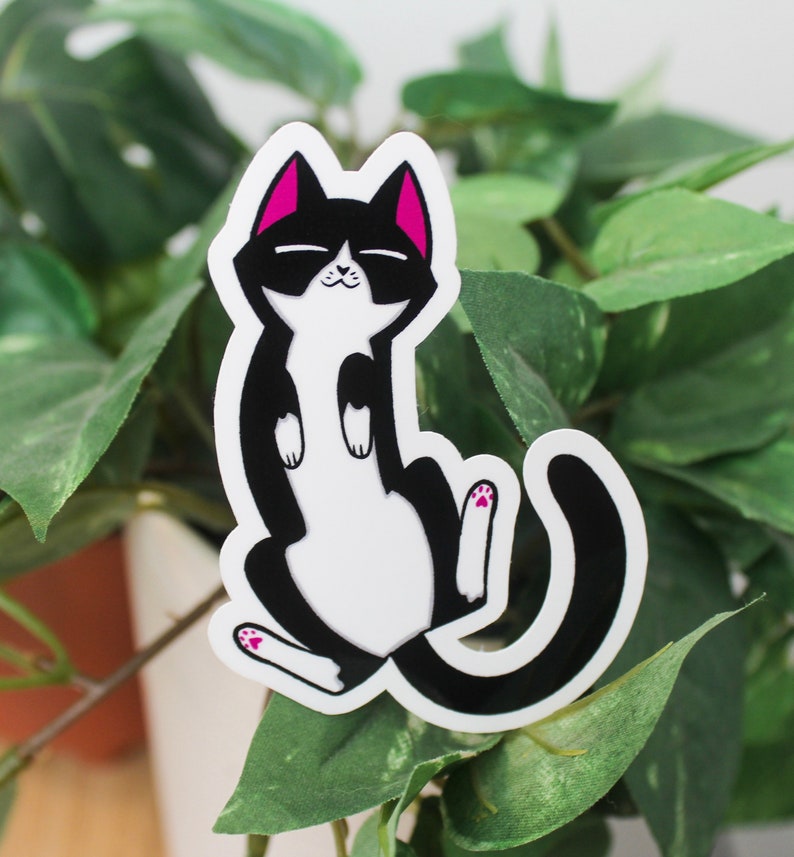 Sticker of a cat on its back with a tuxedo pattern and purple ears representing the asexual flag.