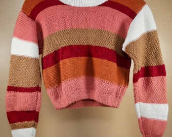 Handmade Striped Knit Pullover | Cozy Boho Acrylic Sweater, Multicolor Women's Knitwear