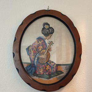 Vintage Geisha playing Musical Instrument Needlepoint Wood Oval Framed Art