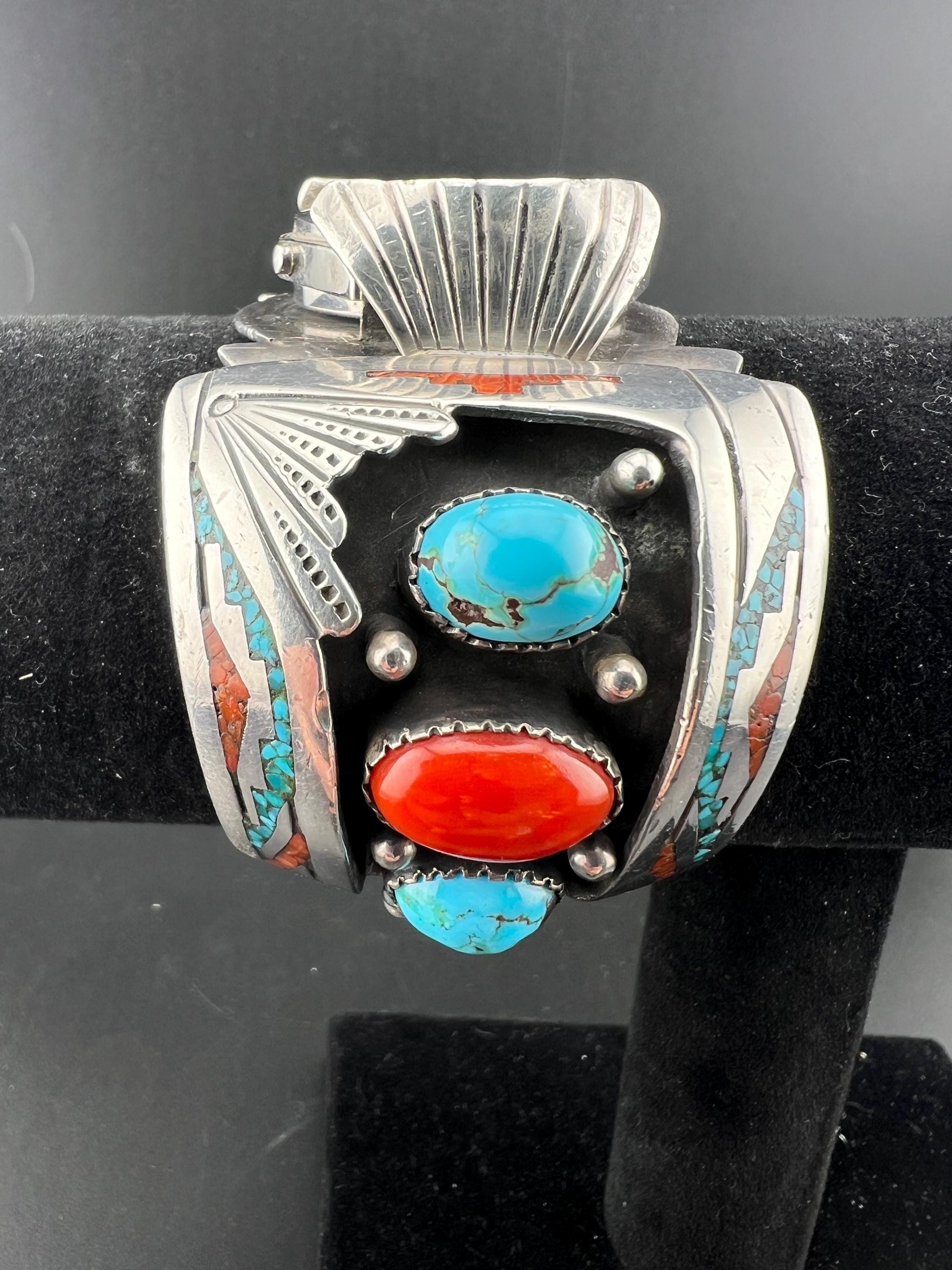 Signed - Thomas Singer, Navajo Crushed Turquoise & Coral Inlay Watch Cuff Up for your consideration is a vintage 1970 main image 2