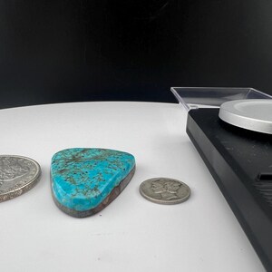 May include: A turquoise cabochon with a brown matrix. The cabochon is a teardrop shape and is about the size of a US quarter.