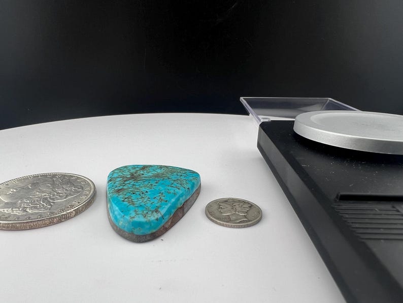 May include: A turquoise cabochon with a brown matrix. The cabochon is a teardrop shape and is about the size of a US quarter.