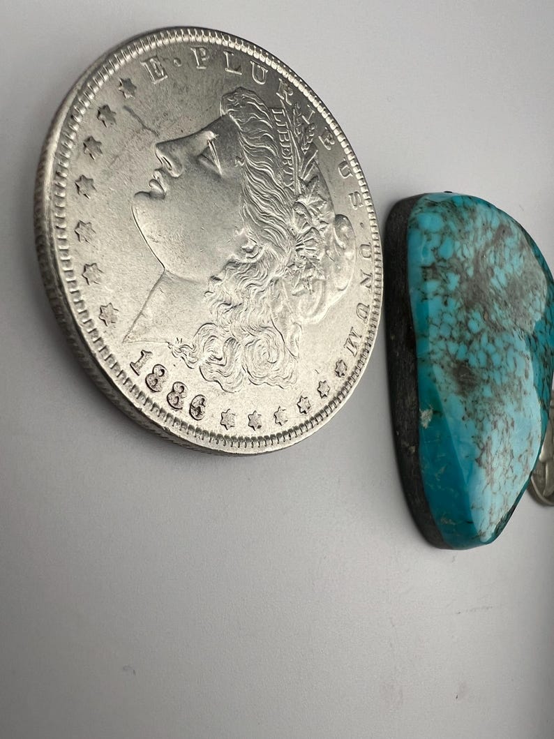 May include: A silver Morgan dollar coin from 1886 next to a turquoise cabochon. The coin features the profile of Lady Liberty with the inscription "E PLURIBUS UNUM" and "LIBERTY".