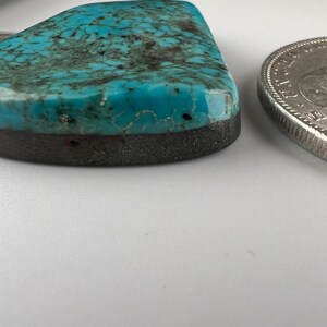 May include: A turquoise cabochon with black matrix, set in a dark gray bezel. The stone is approximately the size of a US quarter.