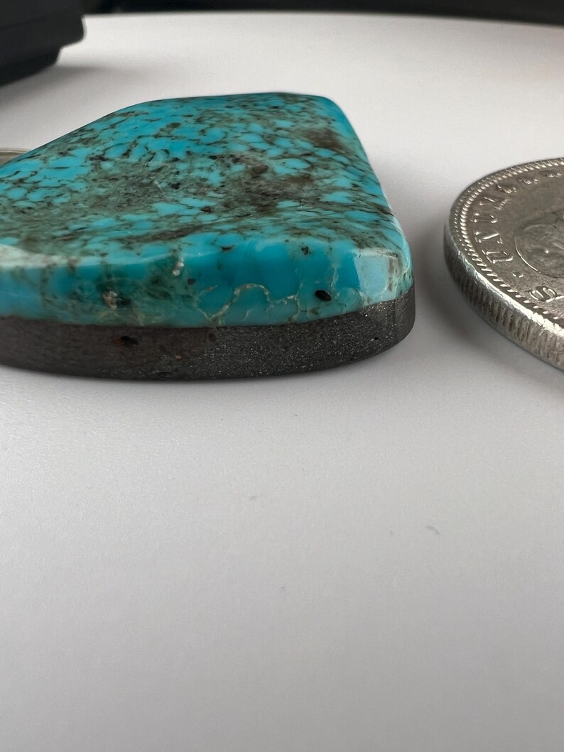 May include: A turquoise cabochon with black matrix, set in a dark gray bezel. The stone is approximately the size of a US quarter.