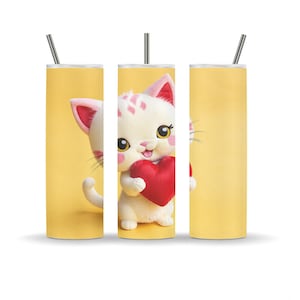 Pink Plushy Kitty Cat 20oz Skinny Tumbler Wrap, Mother&#39;s Day, Sublimation Design, Tumbler PNG Instant Digital Download, Straight, Yellow, 3d