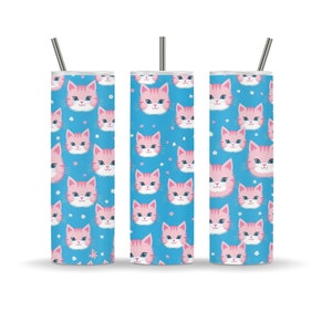 Pink Kitty Pattern 20oz Skinny Tumbler Wrap, Sublimation Minimalism Design, Tumbler PNG Instant Digital Download, Straight, Blue